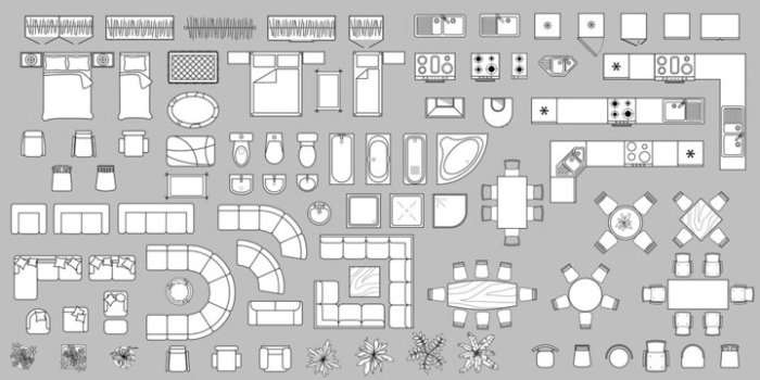 Plan furniture symbols floor symbol interior cad top architectural vector project illustration