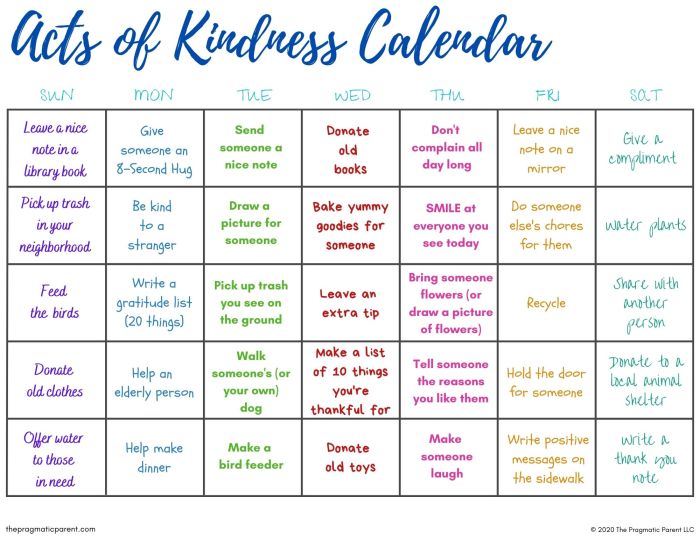 Kindness acts monthly calendar calendars choose board random printable