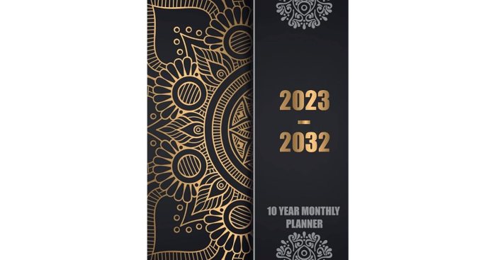 2023-2032 Ten Year Monthly Planner Art Parrot Cover 10 Year Monthly Planner Calendar Goals To Do List Organizer 120 Months with holidays From January 2023 to December 2032.