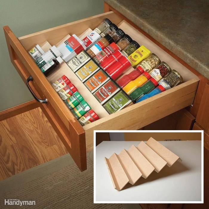 Kitchen diy storage angled cabinet spices drawer projects shelving woodworking ideas organize easy beginners simple pantry family small familyhandyman build