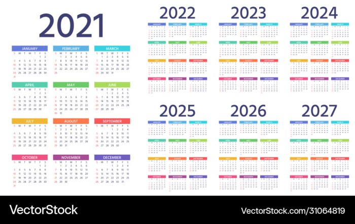 Calendar 2024 2023 2025 2026 2021 2027 2022 years vector vectorstock