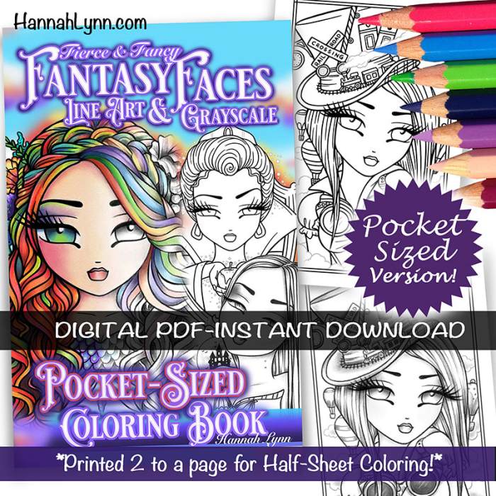 Fierce & Fancy Fantasy Faces Line Art & Grayscale Pocket-Sized Coloring Book